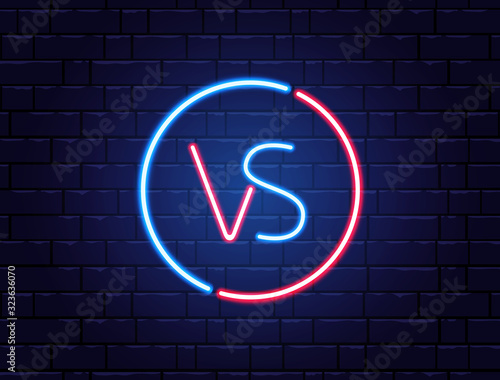 Versus logo neon. Red vs blue team. Battle headline banner. Fight competition. Match, game design element. Neon bright signboard. Vector illustration