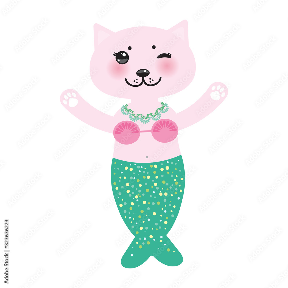 fantasy cat mermaid funny Kawaii face with pink cheeks, pastel colors green pink isolated on white background. Can be used for greeting card design, frame for your text, copy space. Vector fantasy cat mermaid funny Kawaii face with pink cheeks, pastel colors green pink isolated on white background. Can be used for greeting card design, frame for your text, copy space. Vector