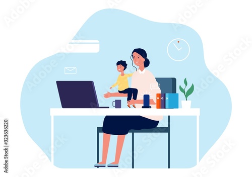 Mother working. Young woman with baby sitting at desk and computer. Freelance worker, motherhood or parenthood and career vector illustration. Mother work at computer laptop with baby