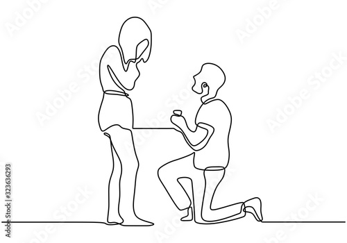 One line drawing couple in love. Man giving a ring for wedding proposal to a girl. Romantic continuous hand drawn sketch people. Minimalist and simplicity design. Contour lineart minimalism.