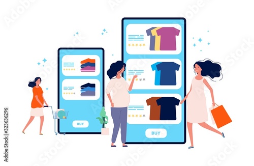 Pregnant at shopping. Expectant mothers buy clothes and shoes online. Reviews and feedback on maternity clothes vector illustration. Mother pregnant cartoon buy clothes