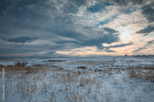 snowy landscape in sunset