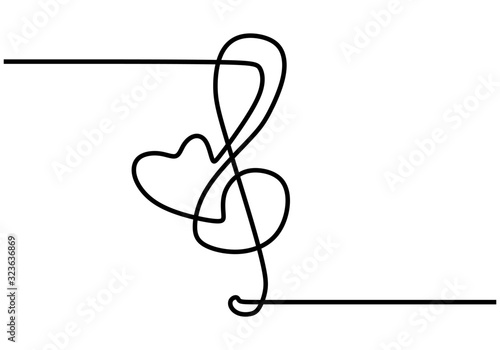 Continuous one line drawing. Heart love sign with music symbol.