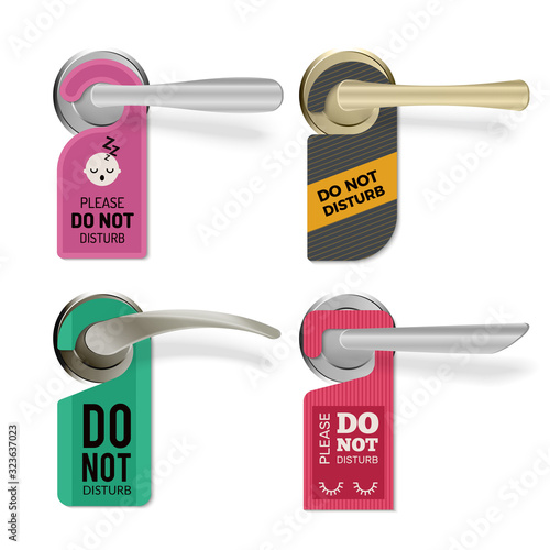 Door handle. Do not disturb hotel room signs vector tags set. Handle door motel, warning text service illustration