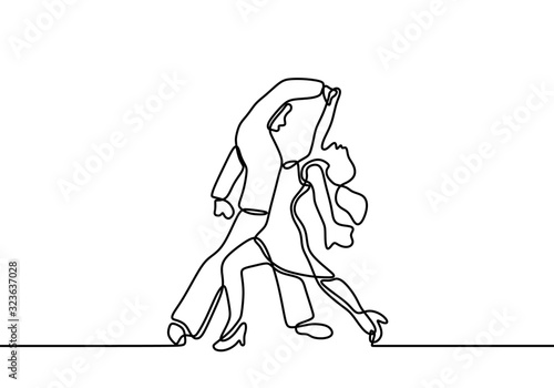 Dancing couple one line drawing. Vector man and woman in love doing dance. Minimalism art hand drawn continuous single lineart.