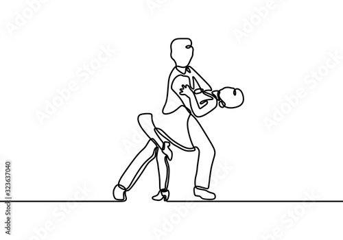 Dancing couple one line drawing. Vector man and woman in love doing dance. Minimalism art hand drawn continuous single lineart.