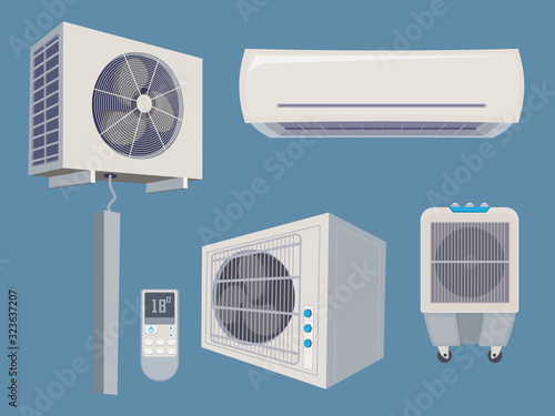 Conditioner set. Air condition wind system ventilation vector cartoon collection home smart items. Illustration conditioning system, air cooling, ventilation equipment