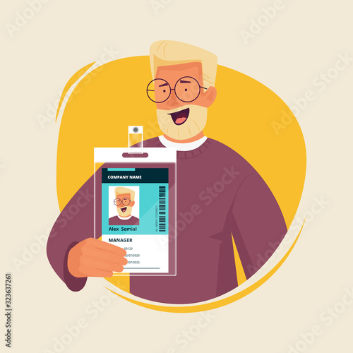 Office manager with id card. Businessman presenting personal badge passport entrance document staff numbers vector character. Id card badge, identity employee corporate company illustration