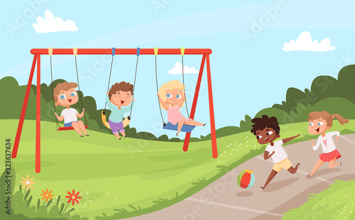 Kids swing rides. Outdoor happy walking and playing childrens nature camp vector cartoon background. Play swinging ride, swing childhood happiness illustration