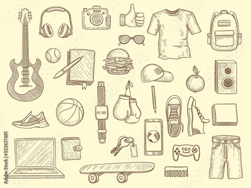Teenage stuff. Young boys and girls clothes and gadgets teenage modern wardrobe vector drawn collection. Teenager drawing clothes and things, glasses and guitar illustration