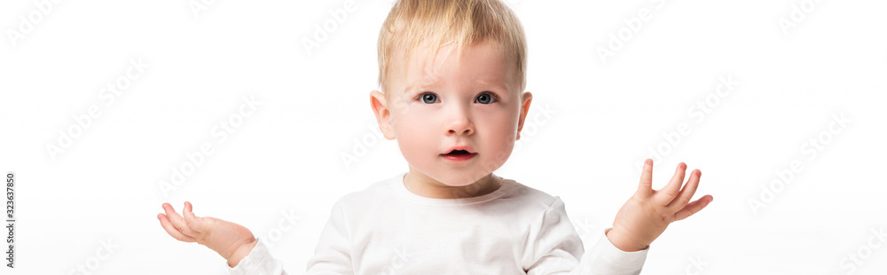 Cute child spreading hands to sides isolated on white, panoramic shot Cute child spreading hands to sides isolated on white, panoramic shot