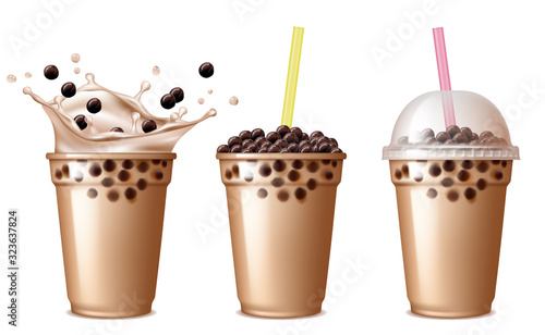 Bubble tea drink. Cold tea with milk delicious beverage drinking products tapioca splashing liquid food vector realistic. Tea tasty takeaway, tapioca splash bubble illustration