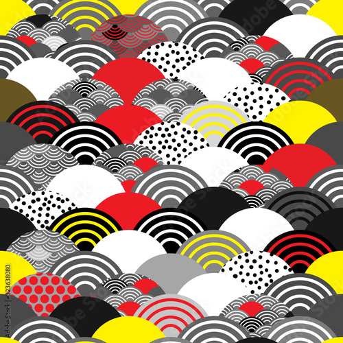 seamless pattern seigaiha scales simple Nature background with japanese wave circle Black gray white Red Yellow colors. trend geometric print, trendy modern backdrop. Vector