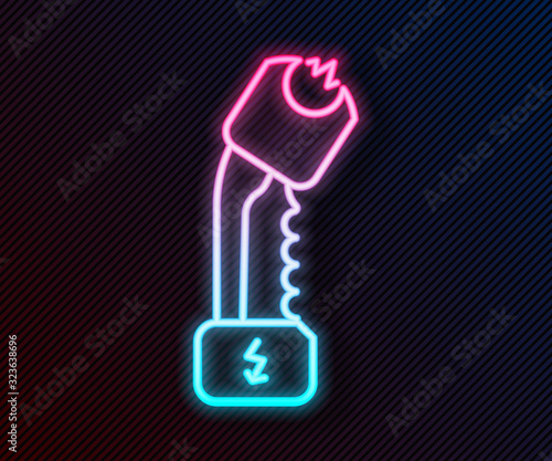 Glowing neon line Police electric shocker icon isolated on black background. Shocker for protection. Taser is an electric weapon. Vector Illustration