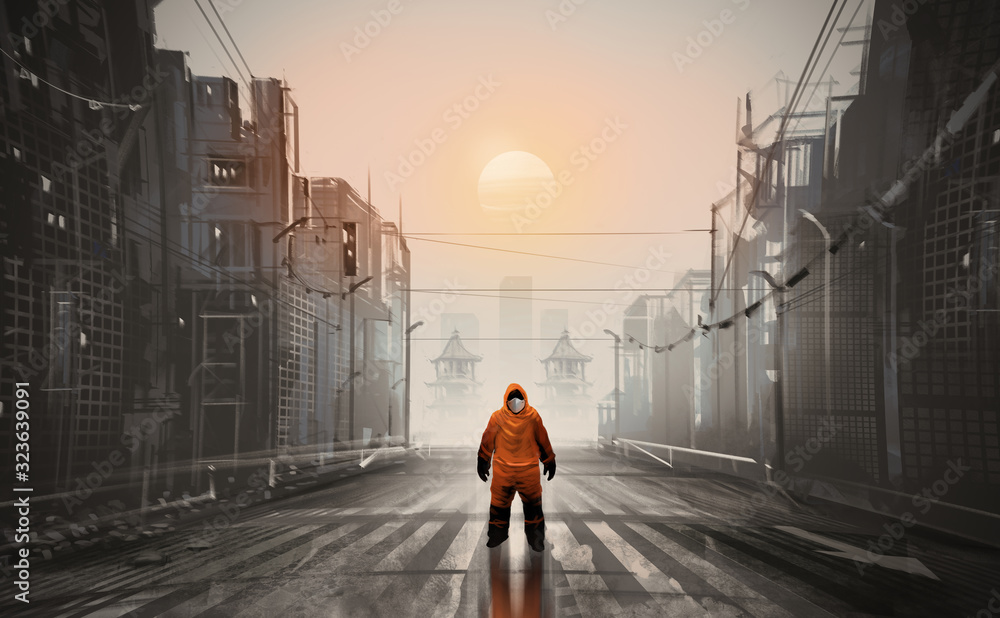 Plakat Digital illustration painting design style a man wearing Hazmat Suit, mask and standing in abandonded town, against sunset.