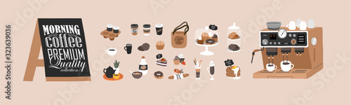 Coffee shop hand drawn collection . Cartoon constructor set. Small business, logo lettering and quote, coffee pots, dessert sweets, coffee machine and stand. Vector