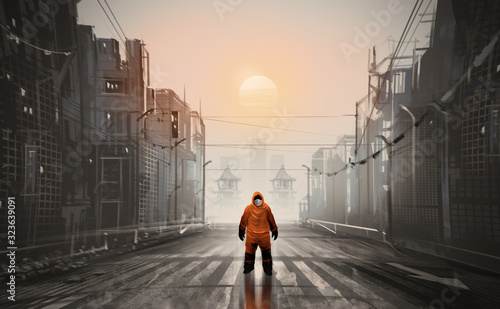 Fototapeta Digital illustration painting design style a man wearing Hazmat Suit, mask and standing in abandonded town, against sunset.