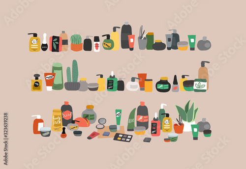 Collection of natural organic cosmetics products in bottles, jars, tubes for skin in trendy hand drawn style. Skincare routine set. Cartoon vector