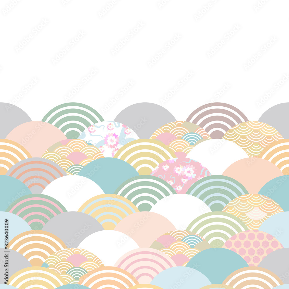 spring and summer wave blue grey white green pink brown colors card banner design for text abstract scales simple Nature background with japanese circle pattern space for text. Vector