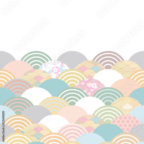 spring and summer wave blue grey white green pink brown colors card banner design for text abstract scales simple Nature background with japanese circle pattern space for text. Vector