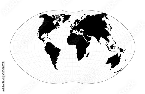 Map of the world illustration. Ginzburg IV projection. Plan world geographical map with graticlue lines. Vector illustration.
