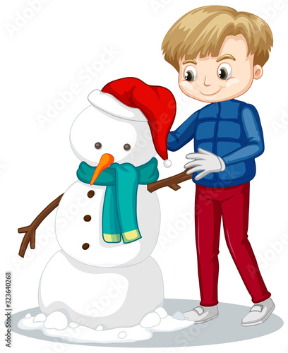 Happy boy manking snowman on white background photo