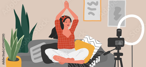 Young woman meditates, sitting in scandinavian home interior and creating content for blog or live broadcasting. Teaching yoga through internet. Blogging or vlogging. Cartoon