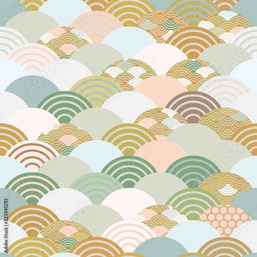 Seigaiha or seigainami literally means wave of the sea. seamless pattern abstract scales simple Spring Nature background with japanese circle Blue green white beige brown pink gray colors. Vector