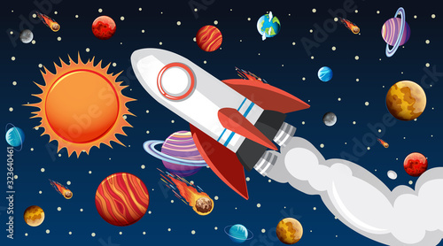 Background design with spaceship flying in the sky photo