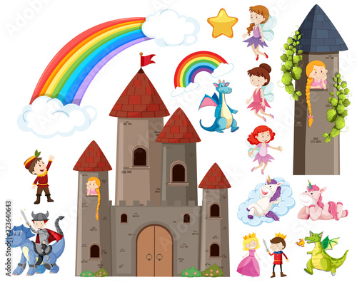 Set of fairytale characters and castle towers