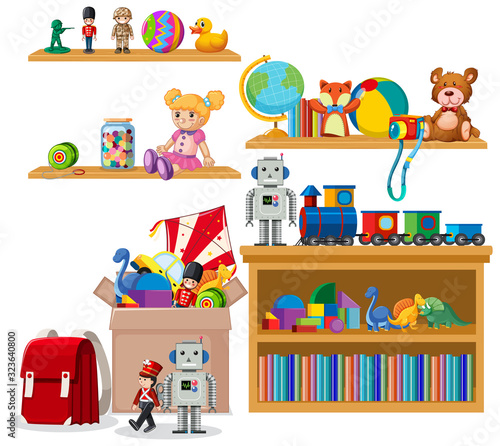 Shelf full of books and toys on white background