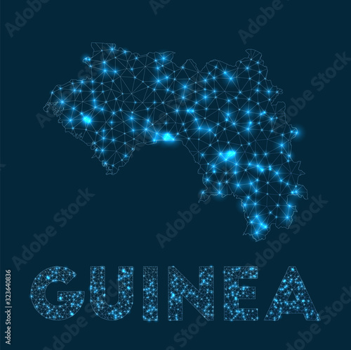 Guinea network map. Abstract geometric map of the country. Internet connections and telecommunication design. Vibrant vector illustration.