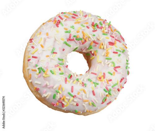 glazed round donut with sprinkles isolated. Side view