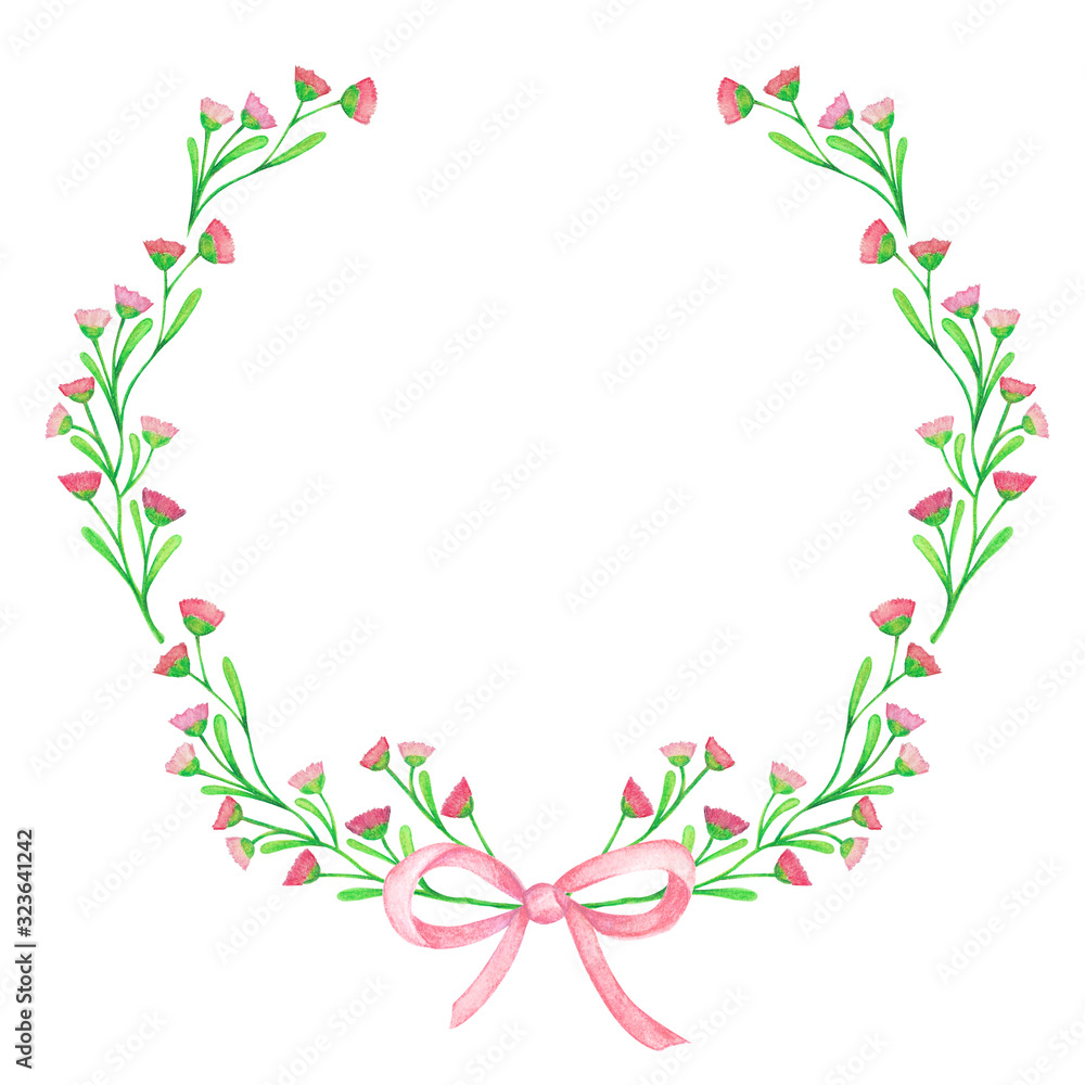 Fototapeta premium Watercolor wreath flower with ribbon