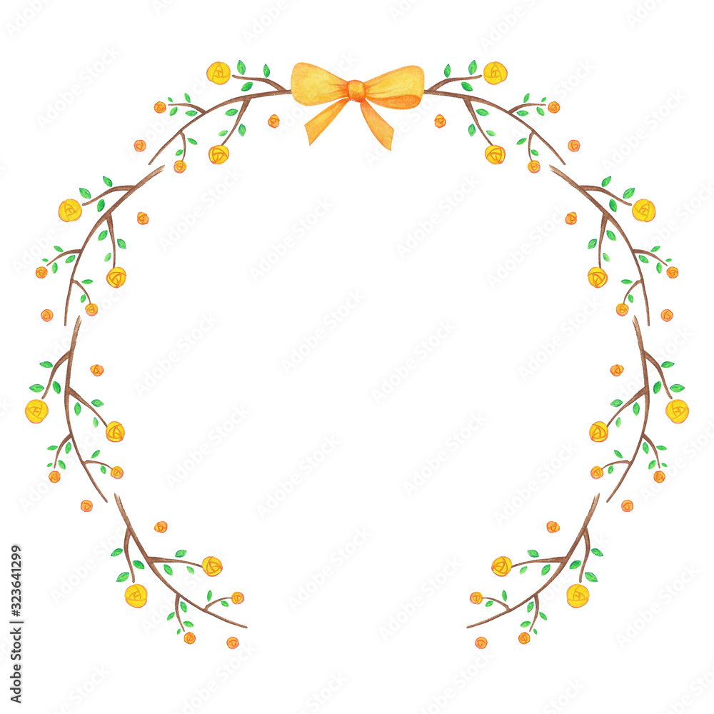 Pretty floral wreath made of yellow flowers and ribbon