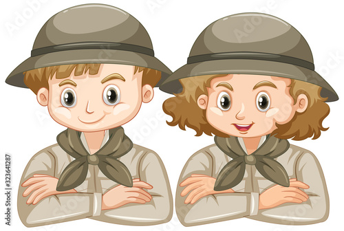 Boy and girl in safari outfit on white background