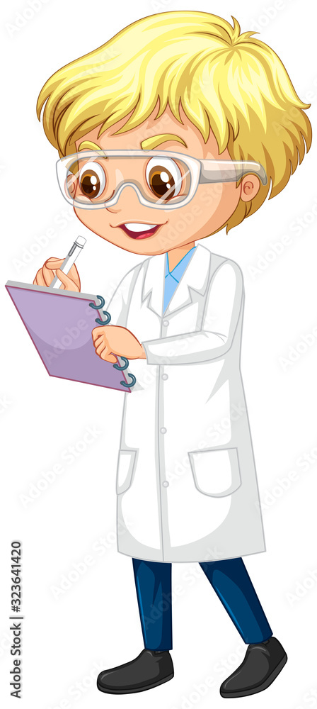 Fototapeta premium Boy in science uniform writing on white background