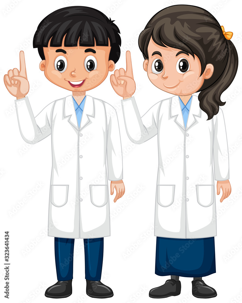 Boy and girl in science gown standing on white background Boy and girl in science gown standing on white background