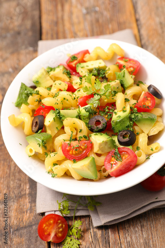 pasta salad with avocado, tomato, and olive