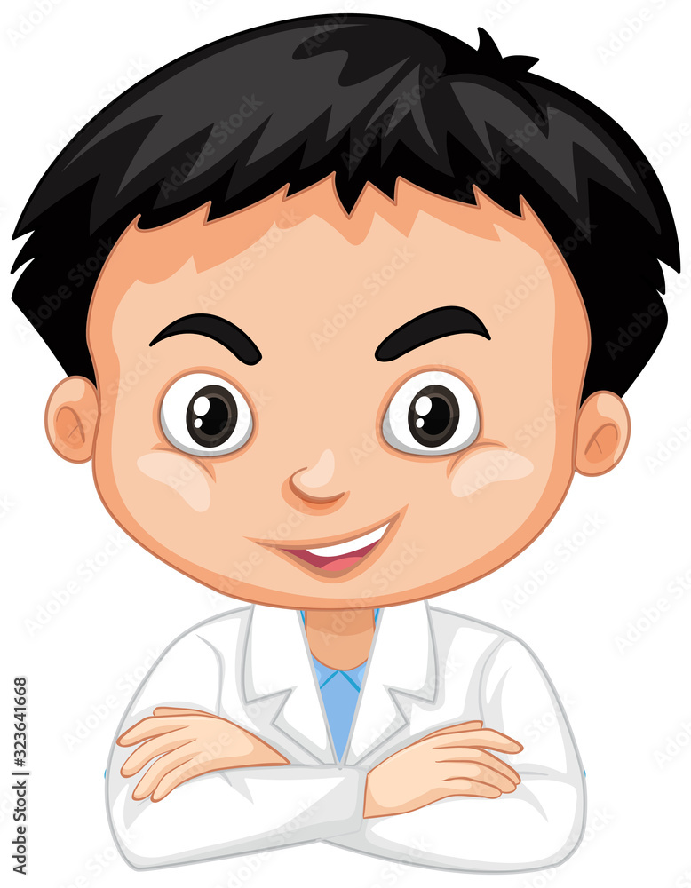 Cute boy in lab gown on white background