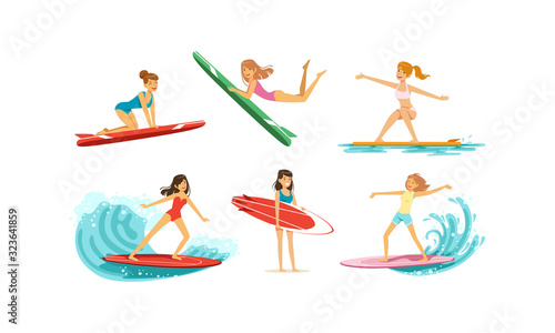 Surfing Girls Collection, Female Surfers in Swimsuits Riding Waves with Surfboards Vector Illustration