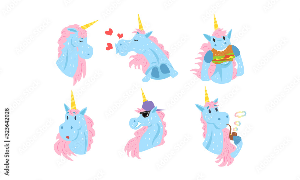Cute Unicorns Cartoon Characters Collection, Funny Mythical Animals in Different Situations Vector Illustration Cute Unicorns Cartoon Characters Collection, Funny Mythical Animals in Different Situations Vector Illustration