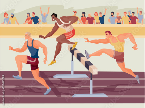 at a large stadium, three athletes compete in running with obstacles and are worried about them in the stands and are supported by their friends and just people,