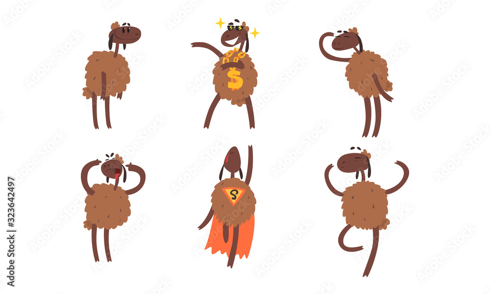 Fototapeta premium Funny Brown Sheep Collection, Humanised Farm Animal Cartoon Character in Various Poses and Situations Vector Illustration