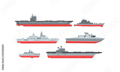 Naval Combat Ships Collection, Military Boat, Frigate, Battleship Vector Illustration