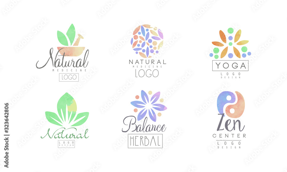 Natural Medicine Logo Design Collection, Zen Center, Yoga, Balance, Herbal Watercolor Badges Vector Illustration