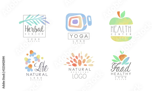 Herbal Center Logo Design Collection, Healthy Food, Natural Life Watercolor Badges Vector Illustration