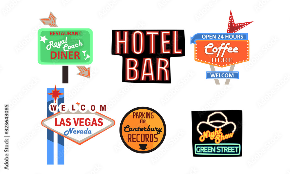 Retro Signs Collection, Vintage Billboards, Signboards, Light Banners Vector Illustration