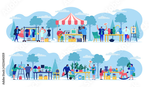Flea market with people selling old secondhand stuffs at market fair shops flat vector illustration. Streets of flea marketplace with vintage retro cloths, toys and antique, garage sale.