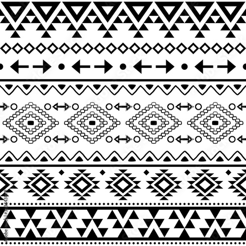 Tribal geometric Aztec seamless vector pattern, Navajo repetitive design in black pattern on white background  